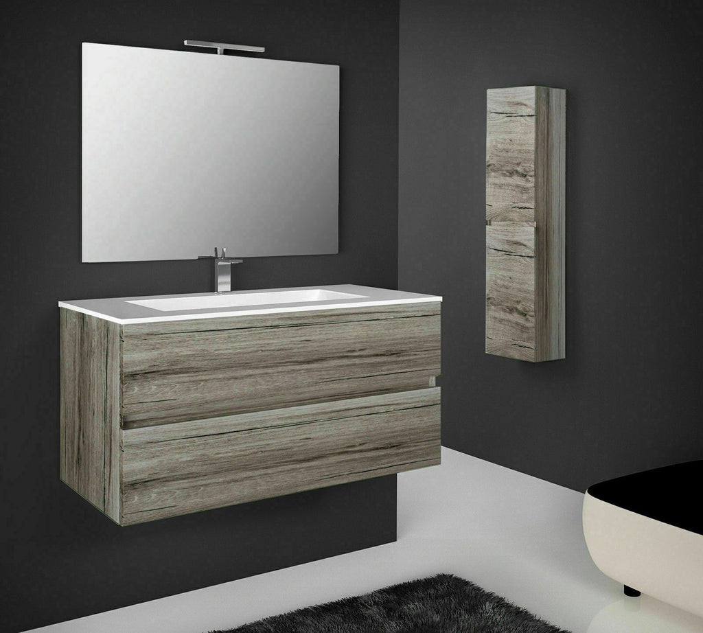 MOBILE BAGNO SOSPESO CON SPECCHIO LAVABO E LED 2 CASSETTI 80CM SPLASH ROVERE GRI