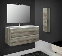 Carica l&#39;immagine nel visualizzatore di Gallery, MOBILE BAGNO SOSPESO CON SPECCHIO LAVABO E LED 2 CASSETTI 80CM SPLASH ROVERE GRI